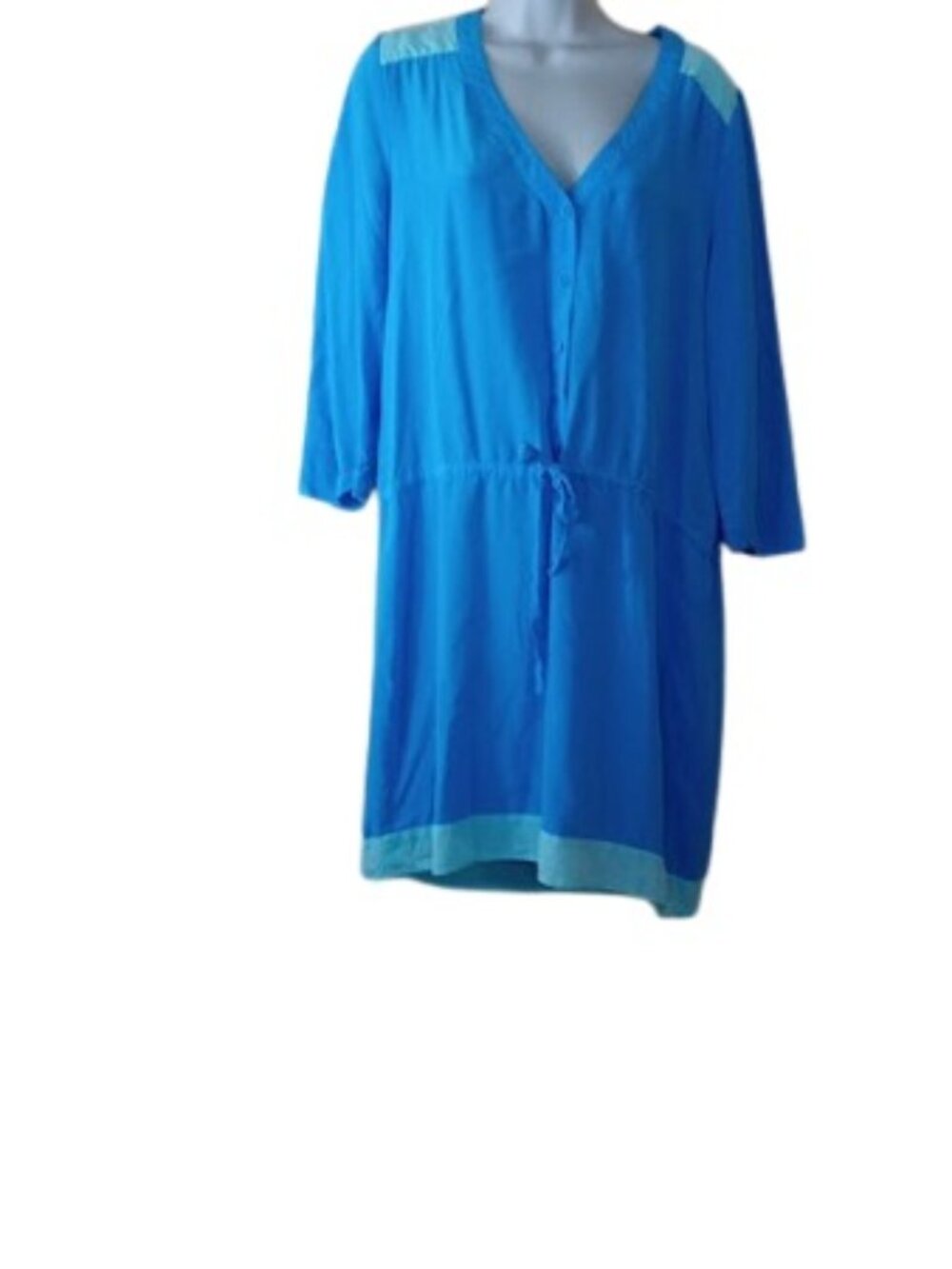 LAMade Womens Drawstring Waist Mini Dress Blue Colorblock 100% Silk L